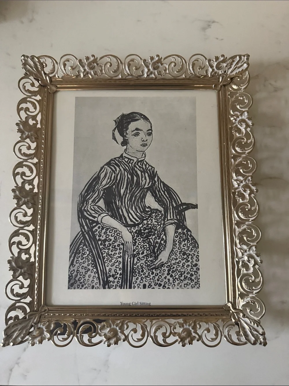 Vintage Gold Tone Ornate Picture Frame with Van Gogh Pencil Art